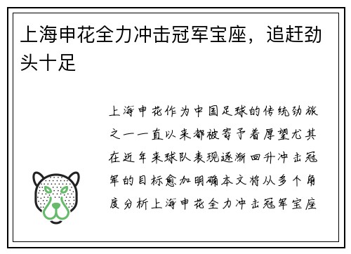 上海申花全力冲击冠军宝座，追赶劲头十足