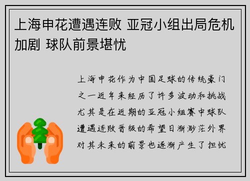 上海申花遭遇连败 亚冠小组出局危机加剧 球队前景堪忧