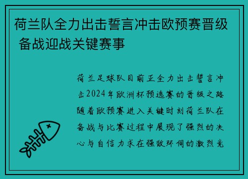 荷兰队全力出击誓言冲击欧预赛晋级 备战迎战关键赛事